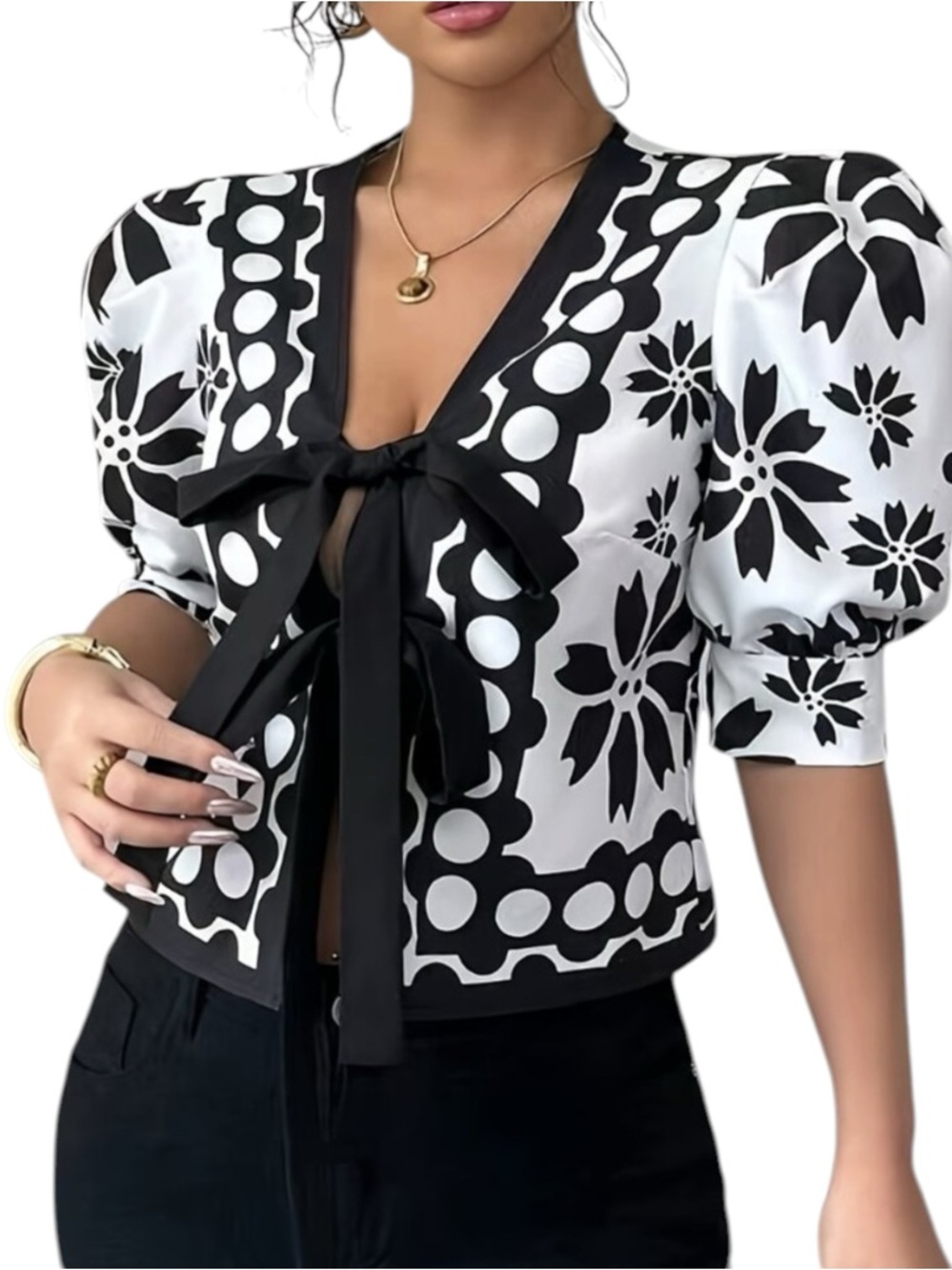 Noir Blossom Tie-Front Black & White Blouse – Puff Sleeve Statement Top M NWT